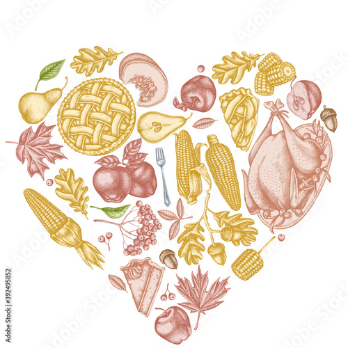 Heart design with pastel pumpkin, fork, knife, pears, turkey, pumpkin pie, apple pie, corn, apples, rowan, maple, oak