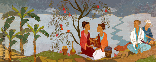 Oriental people. Tea ceremony. Traditional Chinese paintings. Tradition and culture of Asia. Ancient China. Classic wall drawing. Murals and watercolor asian style. Hand-drawn vector illustration