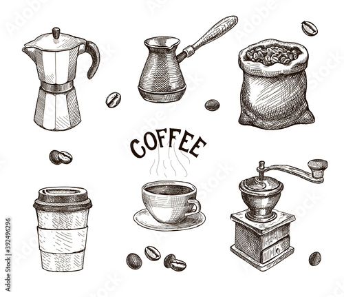 Hand drawn coffee set. Coffee mill, kettle, roasted beans in sack sketch, Cap of espresso or capuchino. Vintage vector collection for coffee shop.