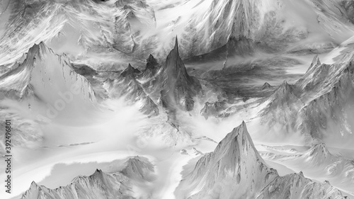 3D monochrome illustration of mountain landscape relief.