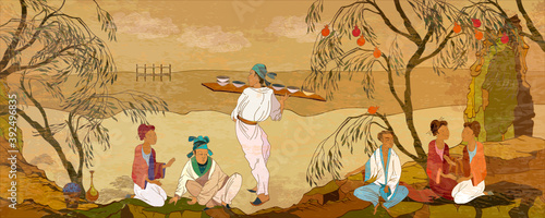 Tea ceremony. Ancient China. Hand-drawn vector illustration. Oriental people. Classic wall drawing. Murals and watercolor asian style.  Traditional Chinese paintings. Tradition and culture of Asia