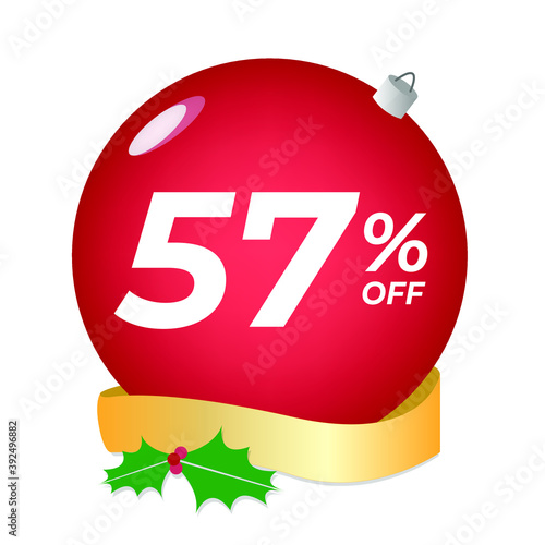 57% off. Fifty-seven percent discount. Christmas sale banner. Red bubble with ornaments on a white background vector.