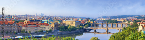 City summer landscape, panorama, banner - top view of the historical center of Prague with the Vltava river, Czech Republic