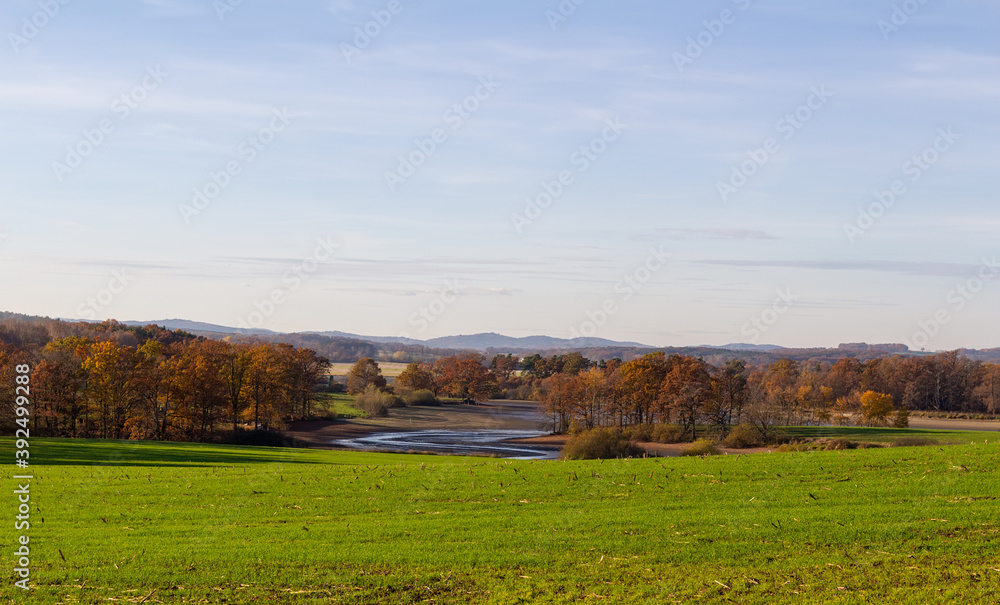 Czech autumn landscape. Dry pond Dehtar with meadow, trees and distant hill at day time