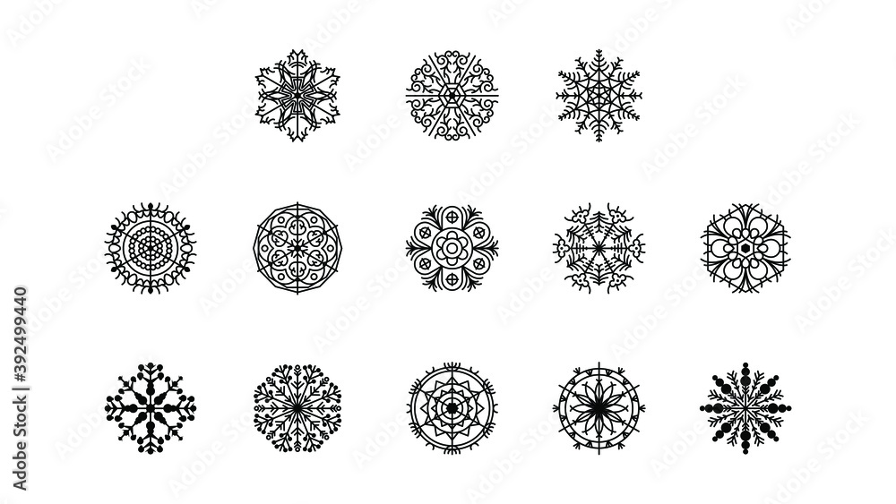 Set Black Colleciton Line Snowflake Doodle Winter Decoration Elements Vector Design Style