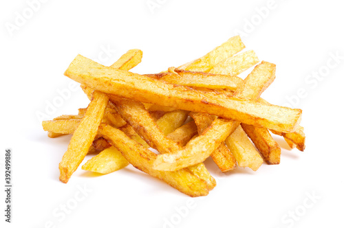 a pile of tasty rench fries isolated on white