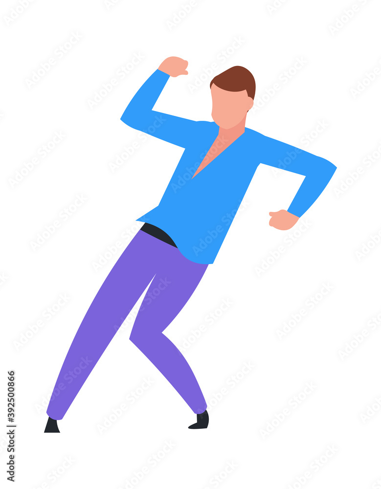 Fototapeta premium Dancing man. Cartoon young dancer in night disco club or musical festival event. Cute male active moving to music. Isolated choreographic school advertising template. Vector hobby flat illustration