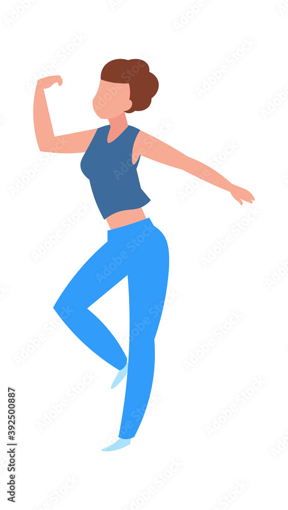 Dancing woman. Cartoon happy dancer, isolated young female moving body to music. Night club disco, musical sport training. Weekend recreation, party entertainment. Vector choreography illustration
