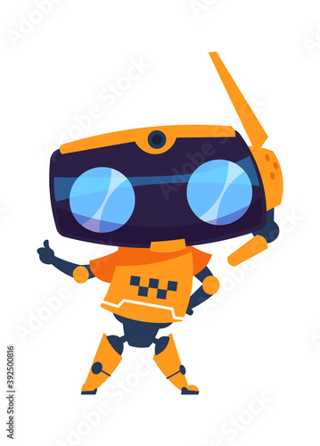 Funny robot. Cartoon machine with head, body and limbs. Cute friendly mascot, automation technologies. Orange color toy with taxi symbol print. Web personal assistant, vector talisman illustration