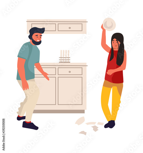 Family conflict. Cartoon young couple quarrels. Wife and husband relationship disagreements. Woman beats dishes in kitchen. Vector partners emotional conversation with scream and broken tableware