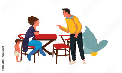 Family during quarrel at home. Cartoon parents swearing and shouting. Conflict between wife and husband, child suffer from parental dispute. Vector problems in relationship isolated illustration