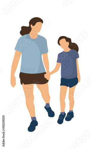 Family walking. Mother and daughter holding hands. Cartoon woman and teen girl go to park. Isolated people in summer sportswear. Recreation and leisure activity or outdoor workout, vector illustration