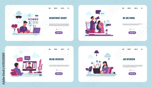 Recruitment landing page. Job interview and employment search, concept of human resources and labor workers. Collection of website interfaces templates for HR agency. Vector online headhunter set