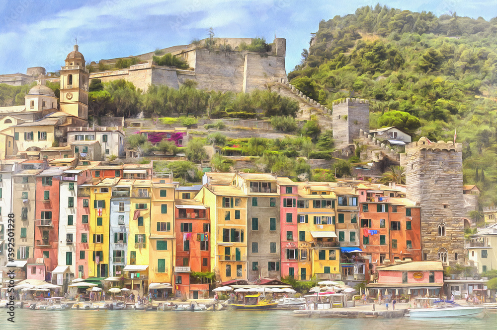 Portovenere cityscape, old town colorful painting, Liguria Italy.