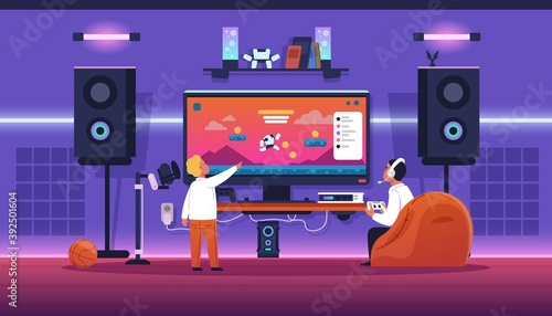 Kids streaming game. Cartoon children play with console and controller. Leisure activity and cyber sport. Gamer room interior. Modern technologies for entertainment, vector cute player illustration