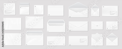 White envelope. Realistic mail mockup. Blank paper correspondence package for corporate branding and advertising. Open and close letters with size marking and place for address. Vector postage set