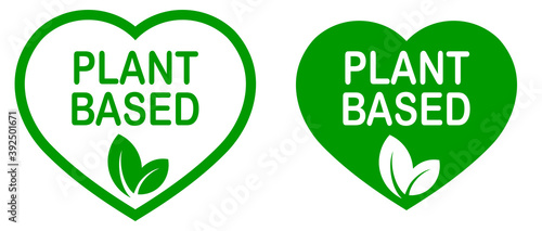 Plant based vegan food product label. Green heart-shaped stamp. Logo or icon. Diet. Sticker. Vegetarian. Organic 