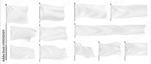 Realistic banner flags. 3D white blank textile signs and waving fabric for advertising. Isolated horizontal chrome steel stands hold empty canvases. Templates for logo and emblem, vector pennant set
