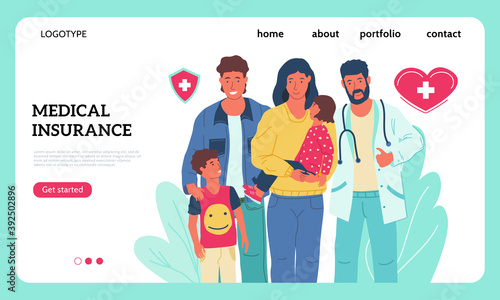 Medical insurance landing page. Clinical accident prevention service website interface with buttons, header and text, place for logo. Online consultation and patient appointment. Vector health care
