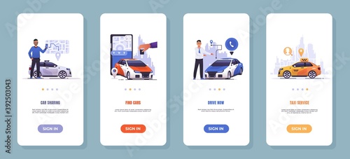 Car sharing app. Mobile application of taxi order service, vehicle rental and automobile remote control. Smartphone UI interface with touch screen buttons, header and text. Vector web pages set