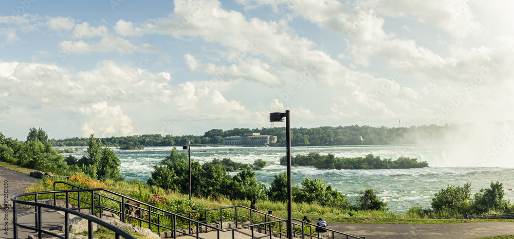 Panorama view on Niagara river close to Niagara falls in usa side