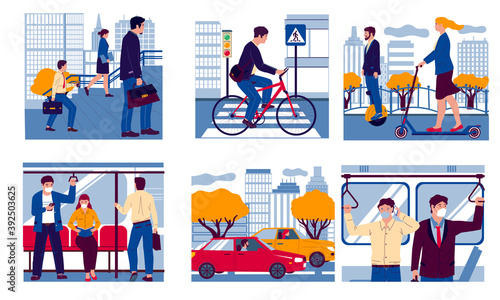 People in transport. Realistic men and women moving to work on foot, in bus or underground carriage and driving car, bicycle or scooter. Urban vehicle, vector city transportation scenes flat set