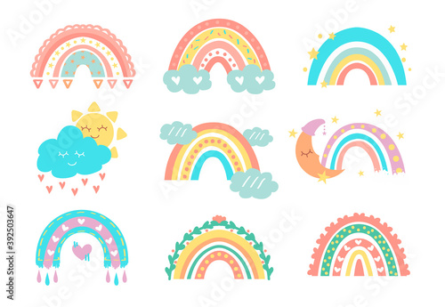 Cute rainbows. Kids doodle collection of sun, rainbow and clouds art, colorful sky decoration in pastel colors. Kids nursery design and baby clothes, textile decor vector children stickers collection