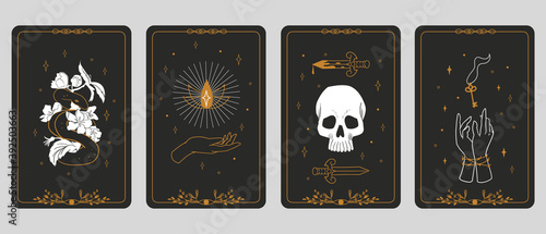 Tarot cards. Magic boho banners. Vintage spiritual signs, mystic or esoteric symbols. Fortune telling and predicting future. Retro posters with drawn skull, snake and hands. Vector occult flat set
