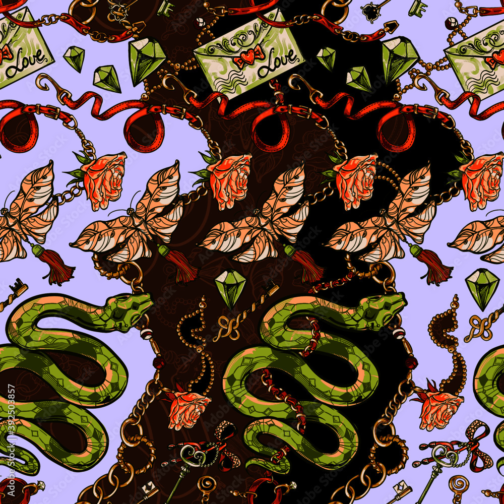 Vintage seamless texture on the theme of mysticism of snakes, butterflies, crystals, chains, keys, roses and magic items.