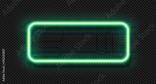 Neon rectangle lamp. Realistic electric signboard template. 3D retro light frame and wall mount. Blank square form with copy space on transparent background. Illuminated mockup, vector place for text