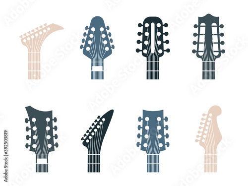 Guitars headstock logo. Realistic modern or retro parts of string instrument. Contour acoustic or electric necks signs. Isolated musical equipment shop advertising template, vector minimalist set