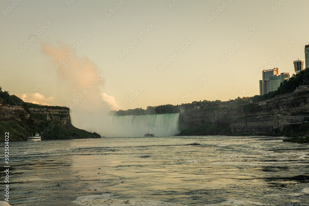 Panorama view of Niagara falls shooted from Canadian sightseeing boat on niagara river
