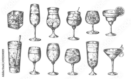 Sketch cocktails. Vector hand drawn glasses with alcoholic drinks, different cold alcohol beverages in engraving style champagne and martini, whiskey with ice, margarita and mojito vector isolated set