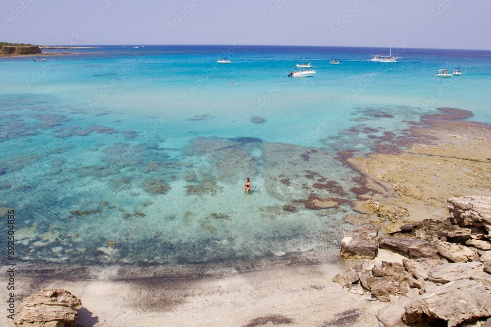 Panoramic view of the amazing turquoise and clear sea water of blue lagoon in Cyprus 