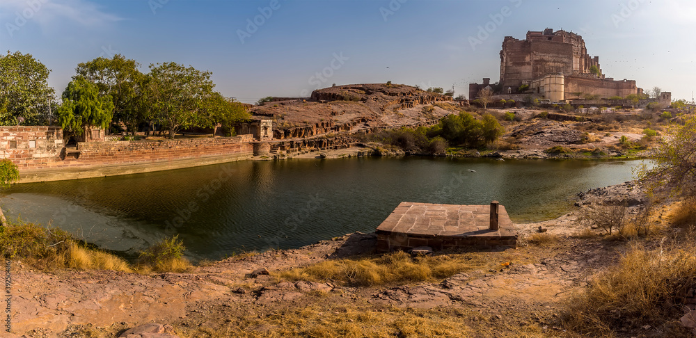 A panorama view across the desert rock park above the city of Jodhpur, Rajasthan, India