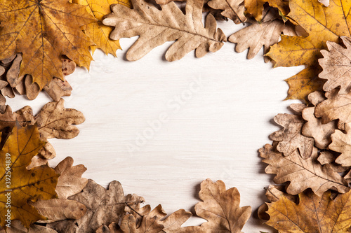 foliage of autumn leaves on a wooden background in the form of a frame