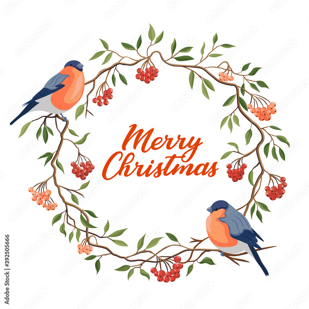 Hand drawn Merry Christmas typography in rowanberry winter wreath with bullfinches banner. Celebration text with berries and leaves for postcard, icon or badge. Vector calligraphy lettering