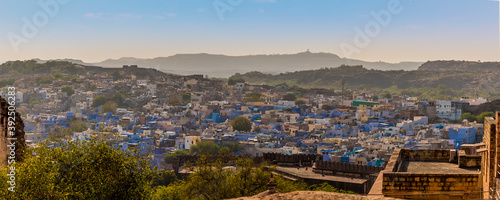 A panorama view across the blue city of Jodhpur, Rajasthan, India in the late afternoon