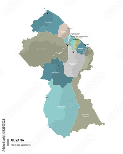 Guyana higt detailed map with subdivisions. Administrative map of Guyana with districts and cities name, colored by states and administrative districts. Vector illustration. photo