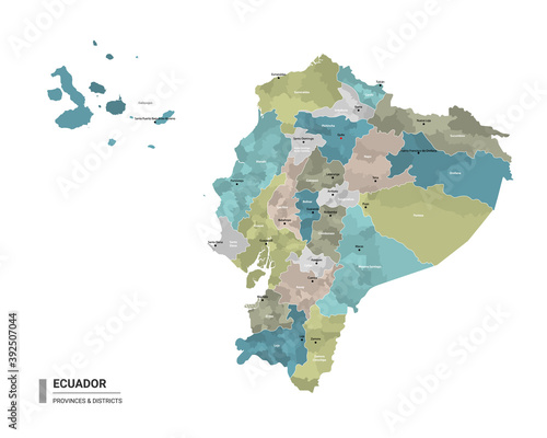 Ecuador higt detailed map with subdivisions. Administrative map of Ecuador with districts and cities name, colored by states and administrative districts. Vector illustration. photo