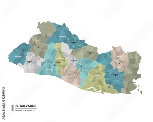El Salvador higt detailed map with subdivisions. Administrative map of El Salvador with districts and cities name, colored by states and administrative districts. Vector illustration. photo