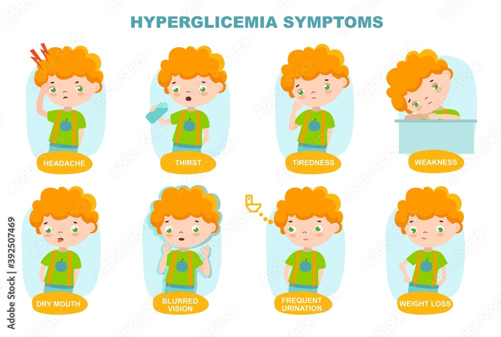 Diabetes infographic, illustration of child with hypoglycemia.