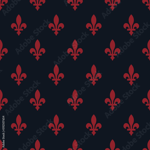 Pink french fleur de lis seamless pattern. Dark blue background. Fabric designs and backgrounds.
