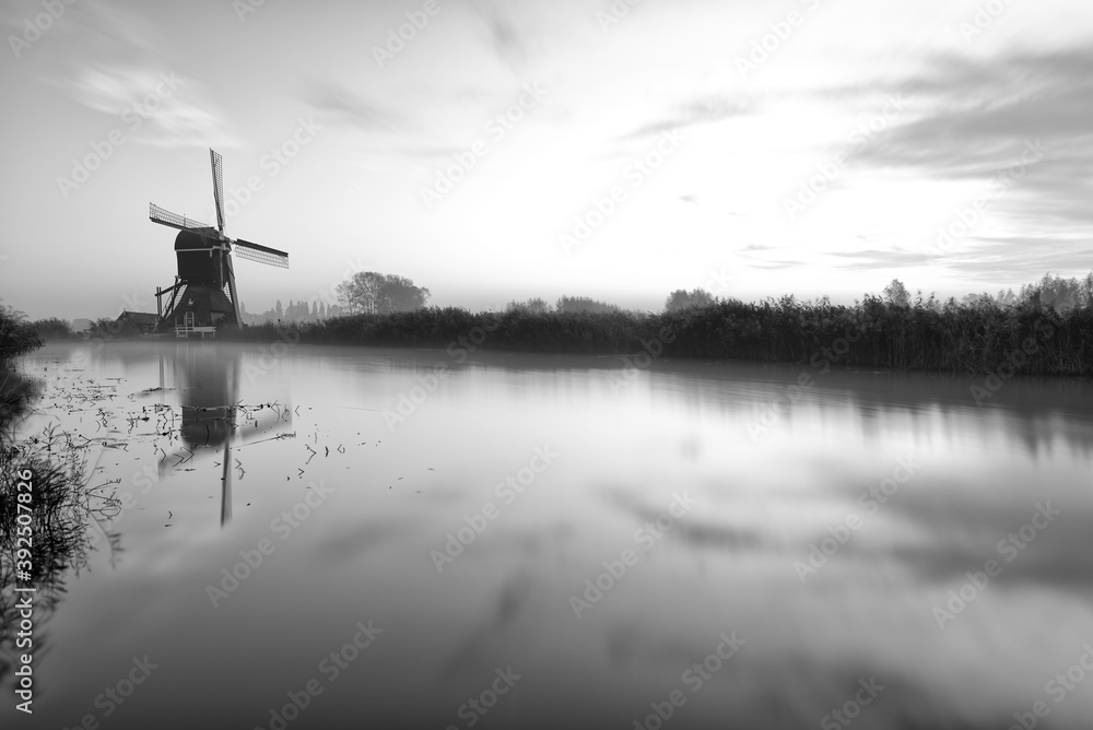 Dutch windmill in black and white