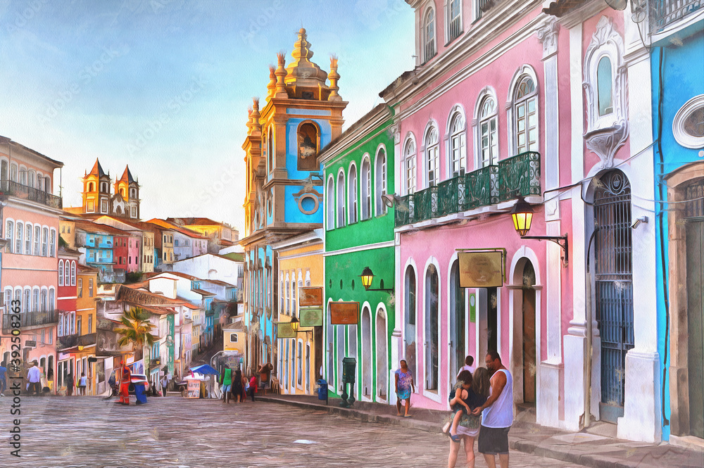 Street in old town colorful painting, Salvador, Bahia state