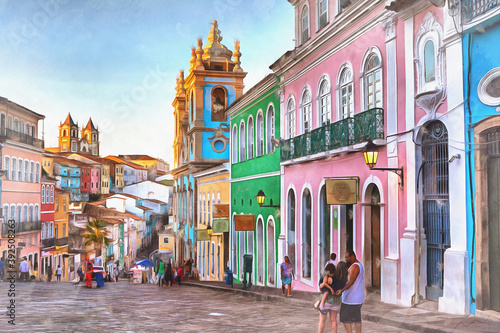 Street in old town colorful painting, Salvador, Bahia state photo