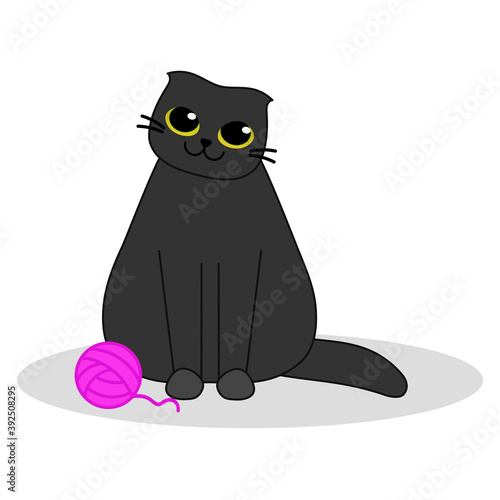 Cat with a pink ball of yarn. Cute black kitten with big yellow eyes. Simple cartoon vector illustration on white background