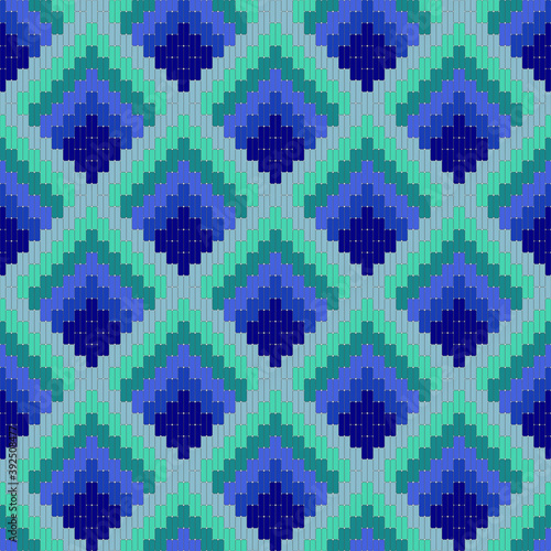 Bargello seamless vector pattern in blue colors, traditional italian embroidery, florentine pattern, punto unghero, Imitation of needlepoint embroidery