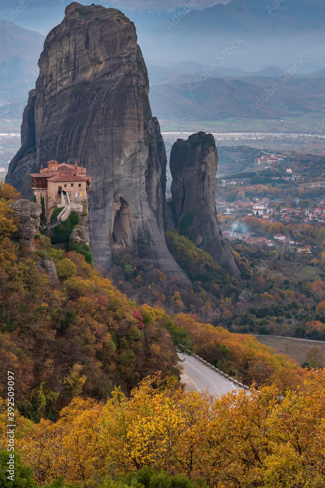 Roussanou monastery, an unesco world heritage site,  located on a unique rock formation  above the village of Kalambaka during fall season.