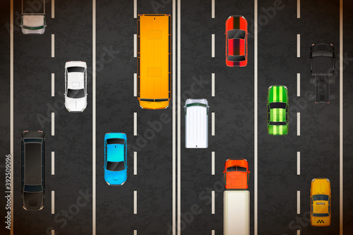Top view of traffic jam with lots of realistic cars on highway background